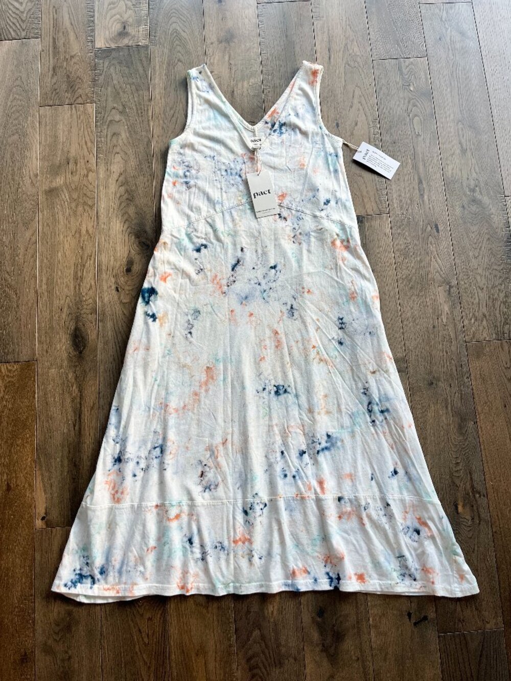 Pact Sunlight Tie Dye Organic Cotton Midi Dress NWT Size XS White Multicolor - Picture 2 of 7